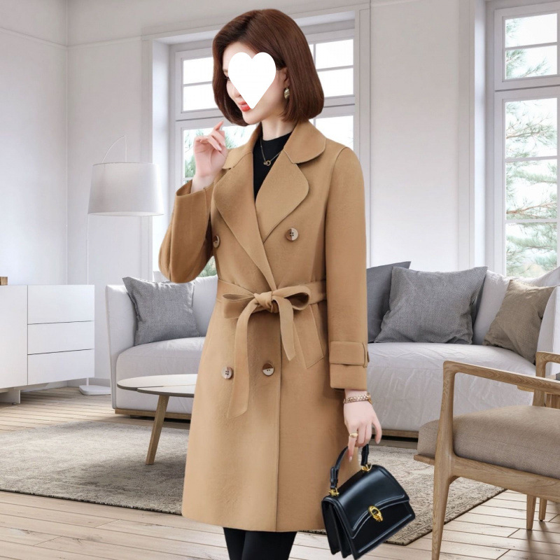 中长款妈妈毛呢外套双面羊毛大衣女时尚洋气秋冬新款女装系带修身