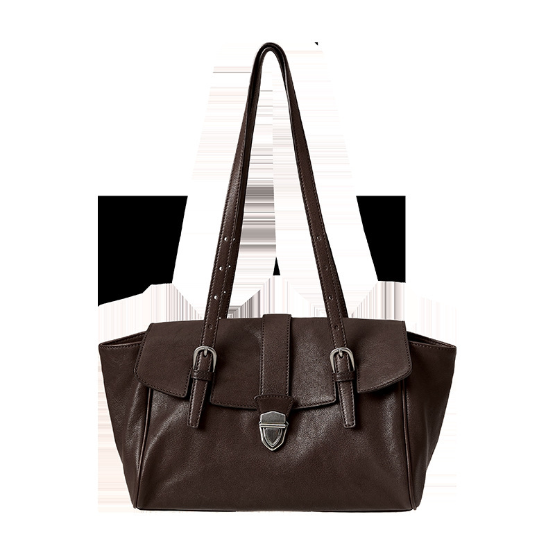 Premium Vegetable Tanned Leather Baguette Briefcase For Women 2026 New Casual Retro Commuter Handbag Shoulder Bag - Thumbnail 5