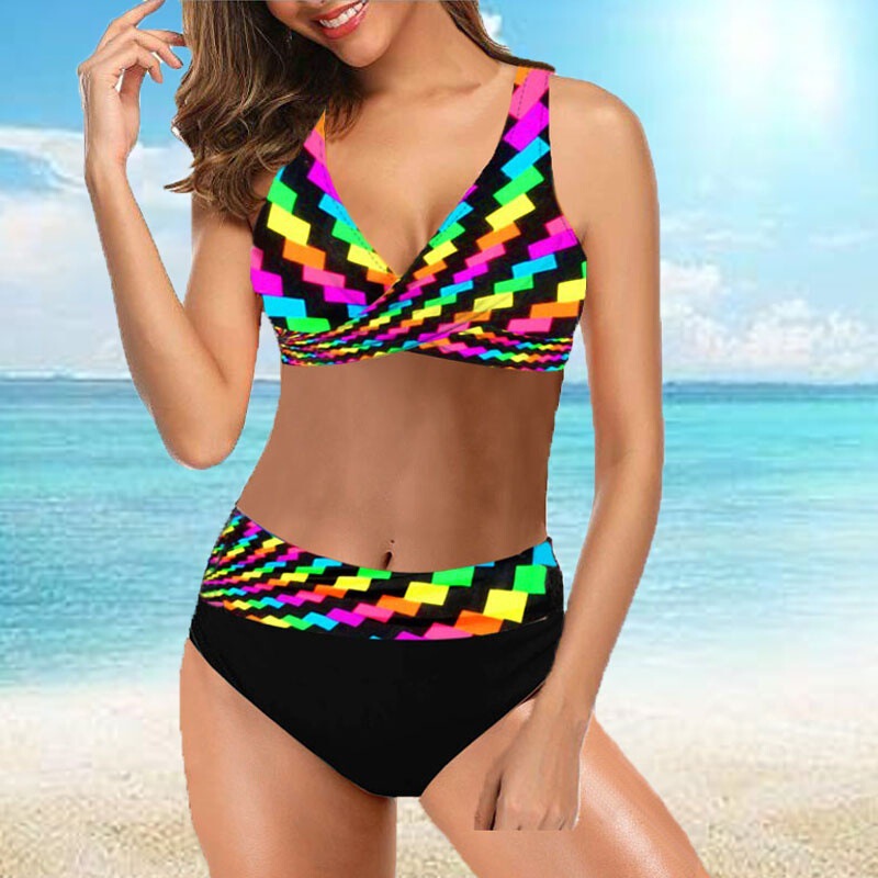 2020 new split plus size high waist rainbow striped multicolor bikini European and American Foreign Trade Amazon swimsuit