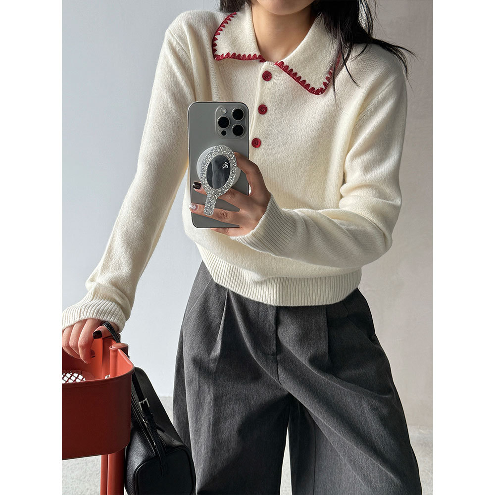 【王琪芝】100羊毛撞色翻领针织衫女百搭减龄学院风毛衣上衣WQ036