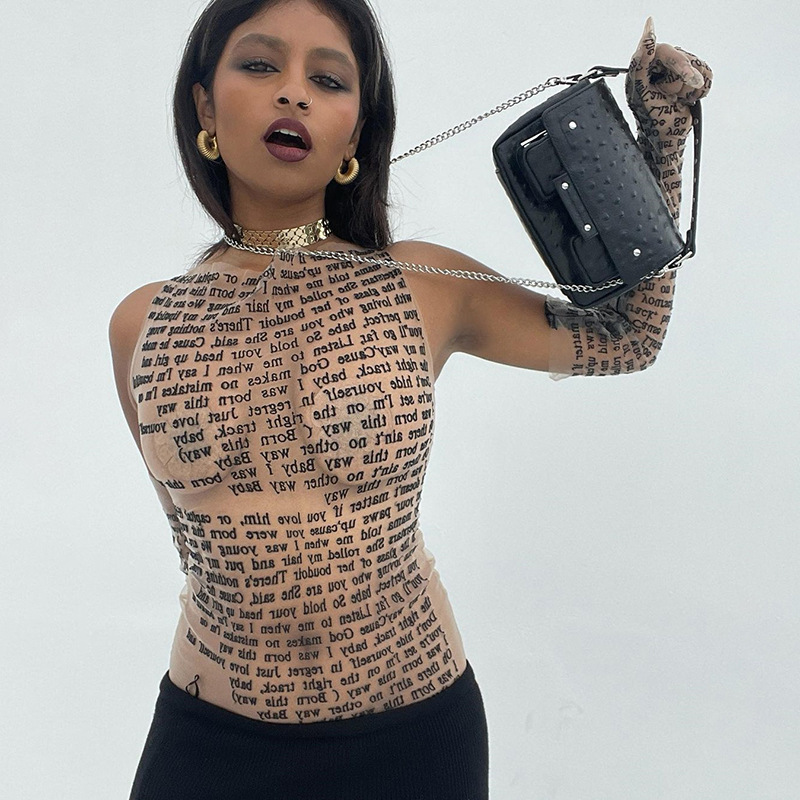 Cross-border Europe and the United States best selling fashion round neck pullover mesh yarn letter printing sleeveless T-shirt hot girl jacket a generation of hair