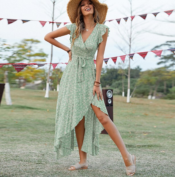 Bohemian Holiday-style Irregular Short-sleeved Floral Dress Lace-up Waist Lace-up One-piece Wrap Dress