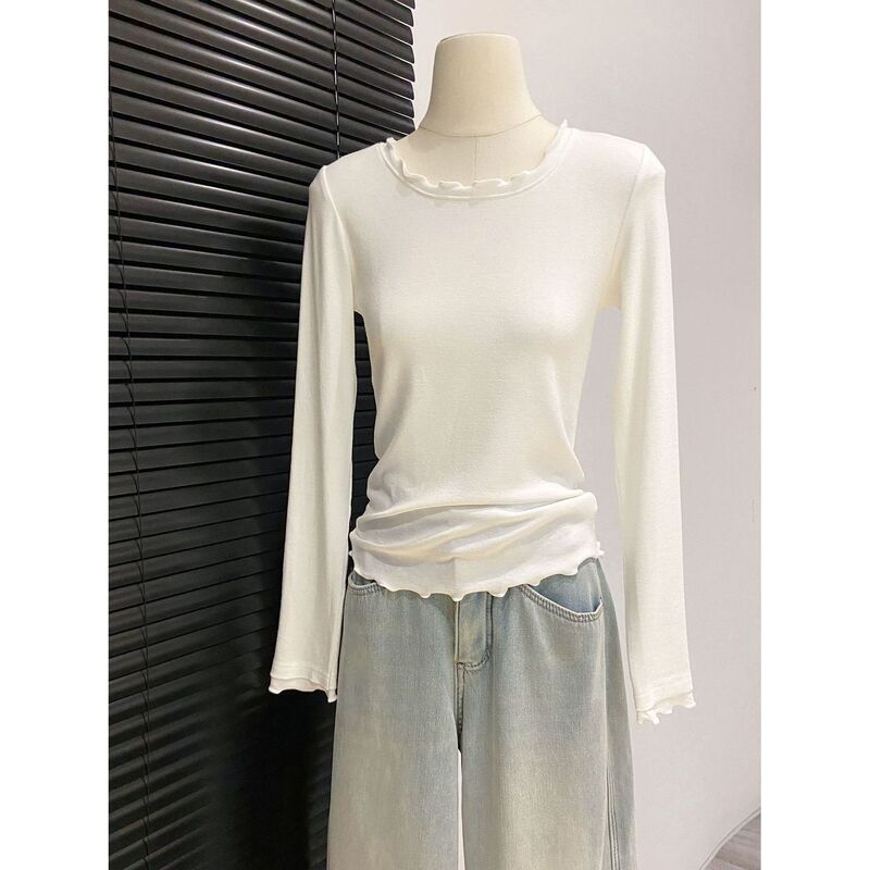 White Round-Neck Ruffled Long-Sleeve T-Shirt for Women, 2026 Autumn New Slim-Fit Simple Casual Base Top