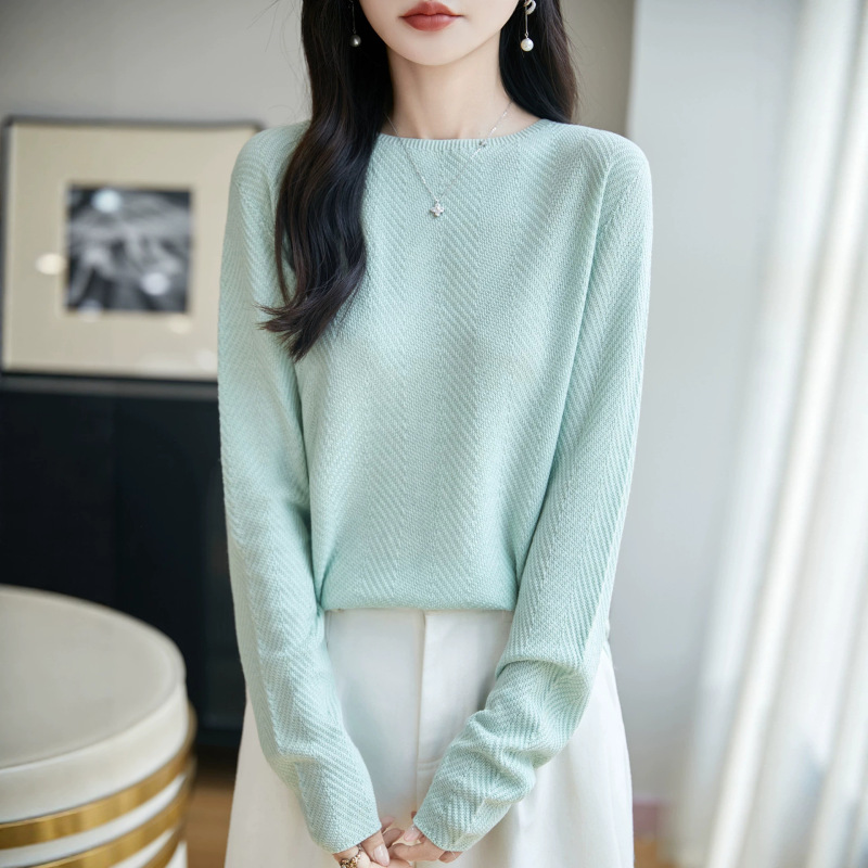 New Spring and Autumn Silk Wool Round Neck Knit Sweater for Women, Fishbone Pattern Long Sleeve Thin Base Layer Sweater