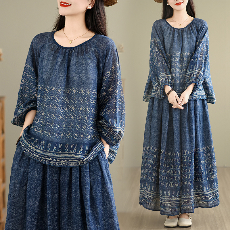 春夏新民族风高级感淑女休闲套头衬衣高腰系绳半裙套装女