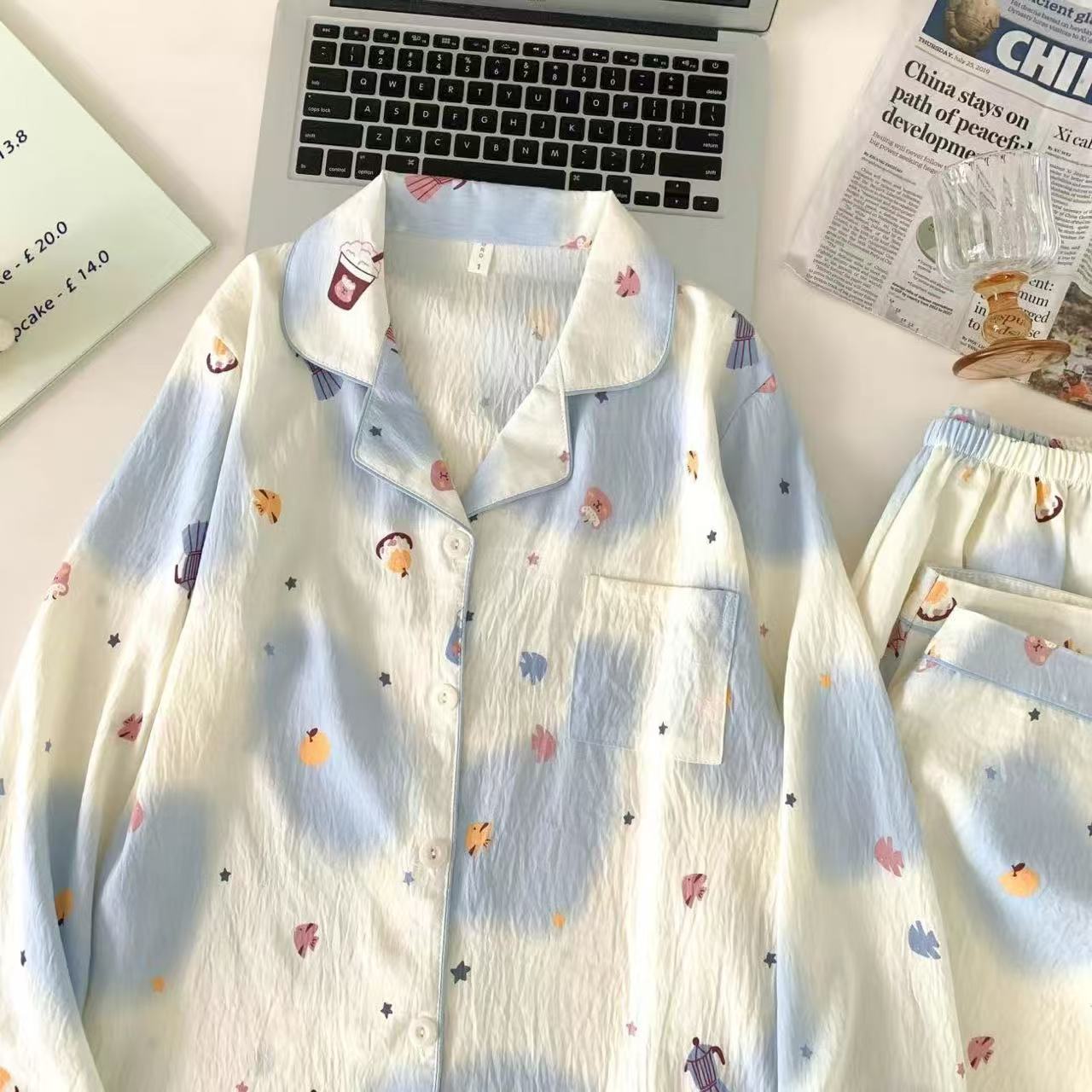 Pijamas de primavera y otoño nubes de algodón estudiantes delgados sueltos cardigans de manga larga set de ropa para el hogar image 21