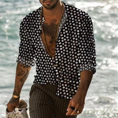 Ropa de los hombres europeos y americanos del comercio exterior 2023 primavera nuevos hombres 3D impreso casual solapa manga larga más tamaño camisa de los hombres