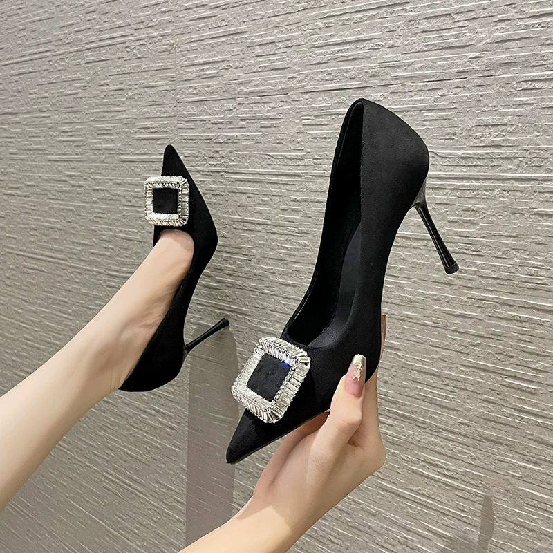 898-328 остроносые модные женские туфли на высоком каблуке со стразами в светском стиле 2023 новые зимние туфли на мелком тонком каблуке