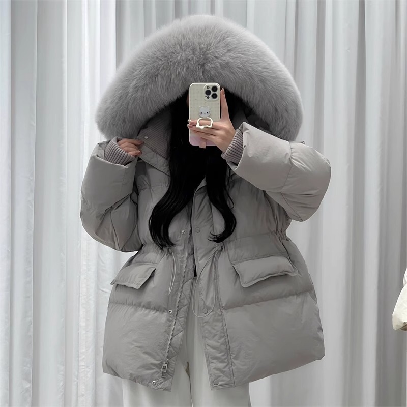 Women's down Jacket 2025 Winter New Style 90% White Duck down Waist-Cinched Warm Coat with Fox Fur Hood