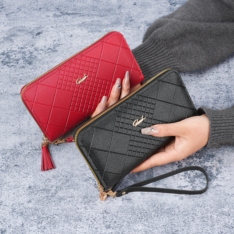 Cartera de mujer larga coreana, bolso de mano, bolso de teléfono móvil, bolso de mano con cremallera simple en relieve de mujer larga