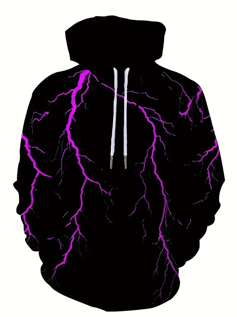 Pull à capuche 3D pour homme, imprimé numérique, motif éclair et flamme, manches longues._voghion.com
