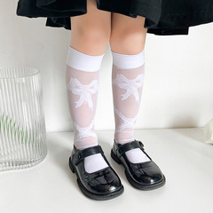 Summer thin children's socks, straight leg, no heel, mid-calf, breathable, cross bowknot, solid color silk socks, factory wholesale