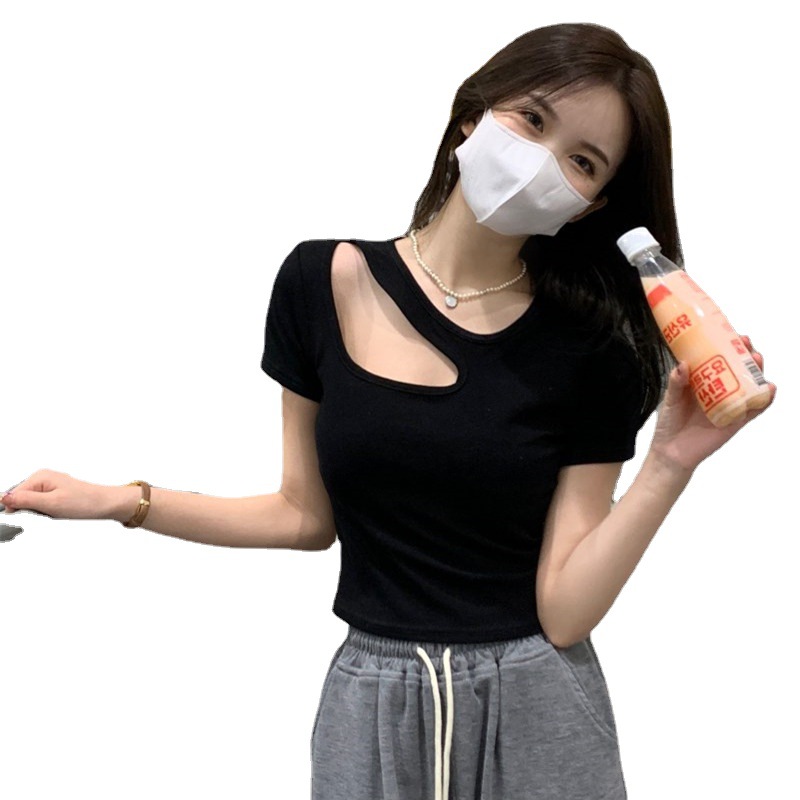Perforated Off Shoulder Sexy Bottom Shirt Summer Design, Hollow Top, Slim Fit Short Sleeve T-shirt for Women's Wear_voghion.com