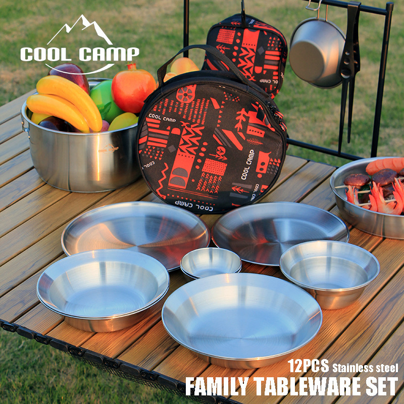Outdoor Camping Dishes and Dish Set Camping Portable Stainless Steel Dishes and Dish Barbecue Tableware Set Picnic Drop-resistant Soup Pot Cup