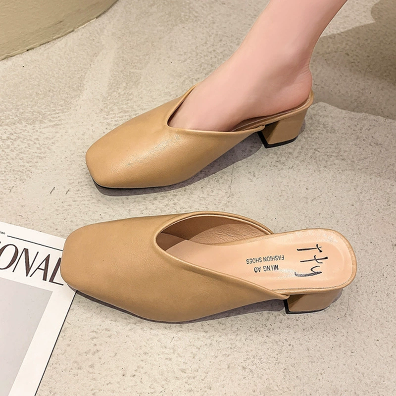 Носите на улице Баотоу половинные тапочки женские молочные ботинки оптом весной новые толстые каблуки ленивые без каблуков холодные тапочки нежный ветер