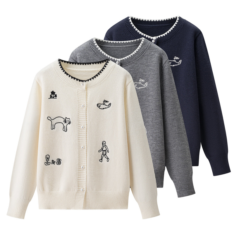 00Hm-2918 Cartoon Embroidered Knitted Cardigan 2025 Autum New Style Fresh and Cute Age-Reducing Contrasting Color Women's Round Neck