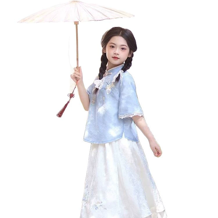 [汉服女童夏2025新款儿童新中式国风旗袍女孩古风日常可穿套装兔毛]
