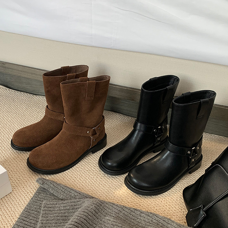 Grava madre ~ botas de vaqueros occidentales botas de metal retro mujeres otoño 2024 nuevas botas de motor de cabeza redonda botas cortas mujeres
