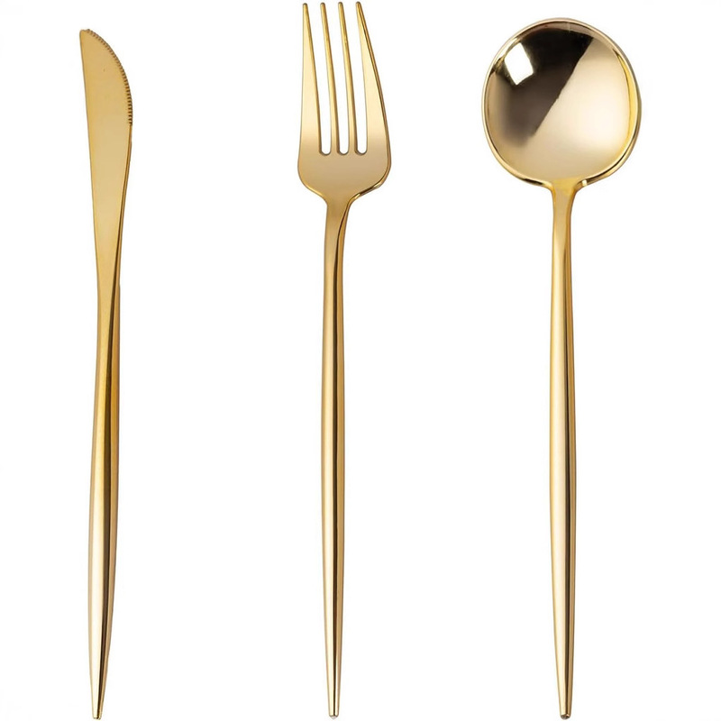 Plastic Gold Plated Long Handle Knife and Fork Spoon Disposable Western Food Tableware suit Dessert Coffee Spoon Golden Cake Fork Cross Border