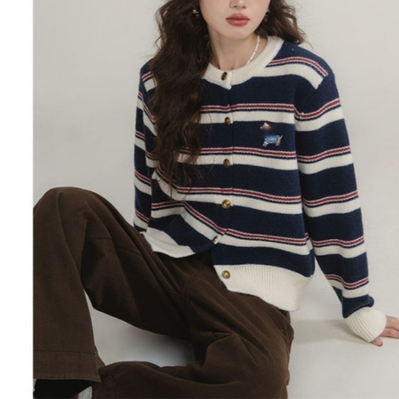Autumn New Striped Knit Sweater, Soft and Fluffy Cardigan Jacket for Women, Spring and Autumn Outerwear Top