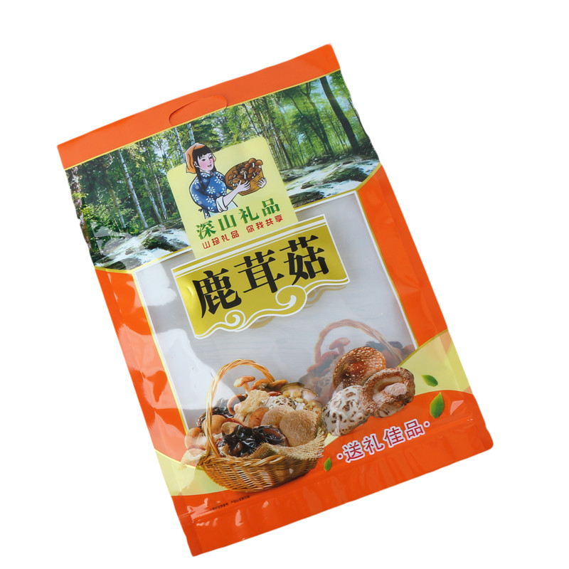 250g hongos silvestres, ciervo, cierre universal, bolsa de plástico auto-sellado, productos secos, bolsa de hongos Shiitake