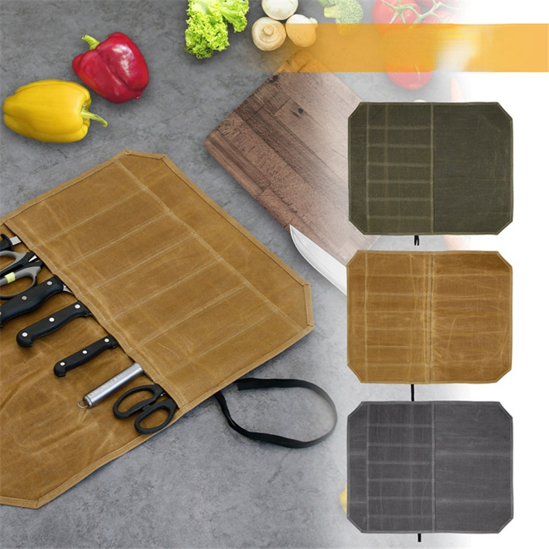 现货湿蜡帆布刀具厨师收纳包卷包野餐露营烧烤厨房便携收纳包