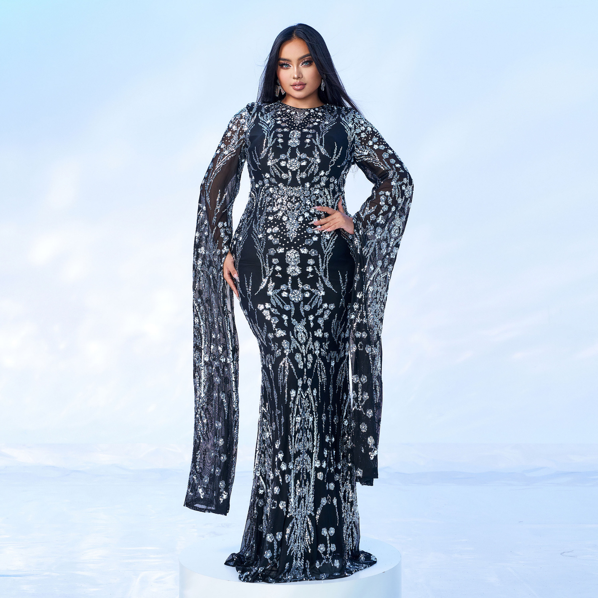 Women's Clothing ultra long sleeve temperament round neck sexy slim long sequined banquet evening dress bridesmaid dress_voghion.com