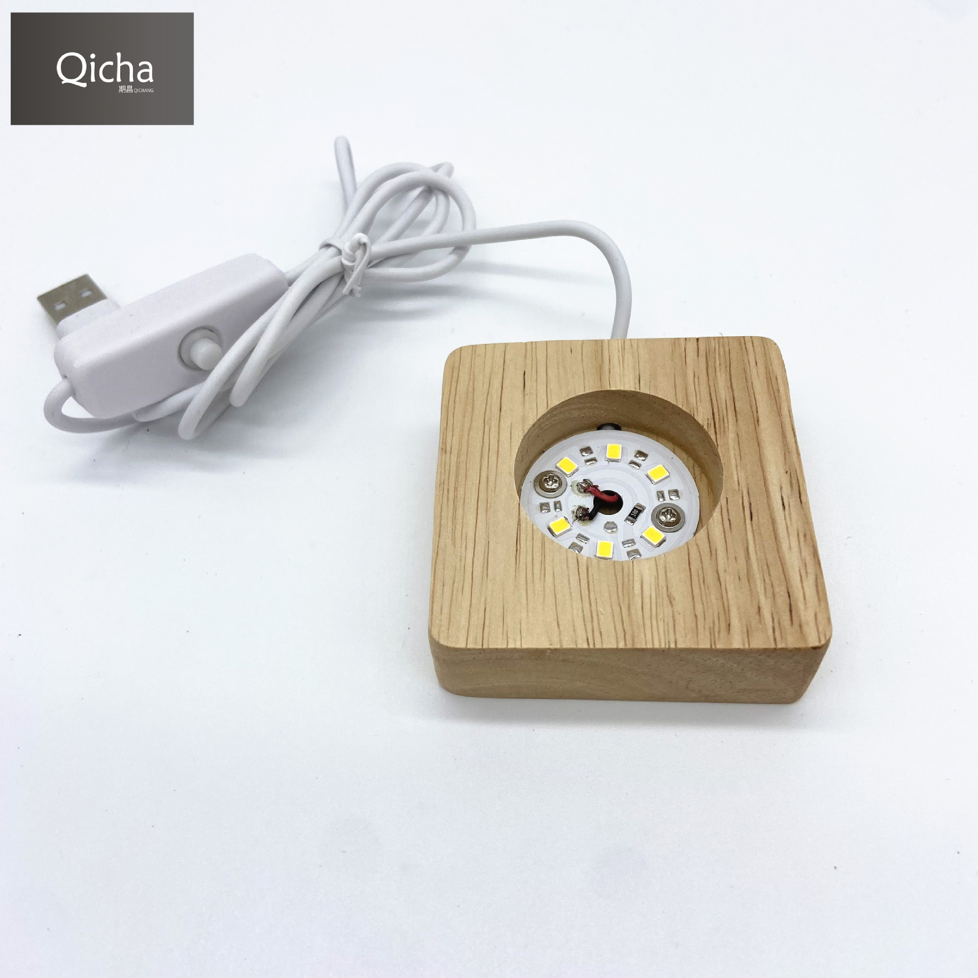 Kauçuk ahşap aydınlık kristal taban USB arayüzü 5V anahtarı aydınlık taban gece lambası masif ahşap yuvarlak lamba tutucu