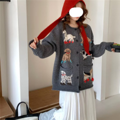 韩版趣味卡通灰色圆领毛衣外套女秋冬新款宽松慵懒风针织开衫女潮