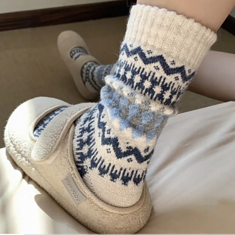 Nordic Fair Isle Argyle Autumn and Winter Warm Japanese Retro Ethnic Style Wool Socks Thick Slouch Socks Maternity Socks
