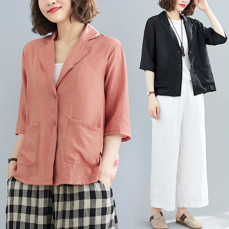 Real shot 2024 summer thin cotton and linen art large size loose casual suit sunscreen half sleeve small suit women