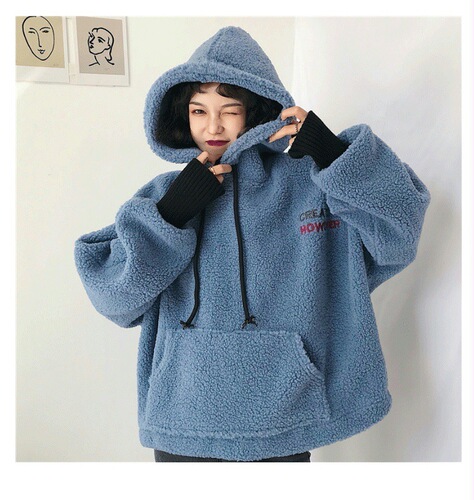 Women's Faux Lamb Wool Zip-Up Hoodie with Thicken Padding, New Fall/Winter Loose Korean Style Ins Trendy Jacket Top