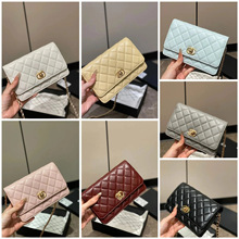 小香菱格纹woc羊皮发财包链条肩背斜挎包荔枝纹牛皮女包小方包