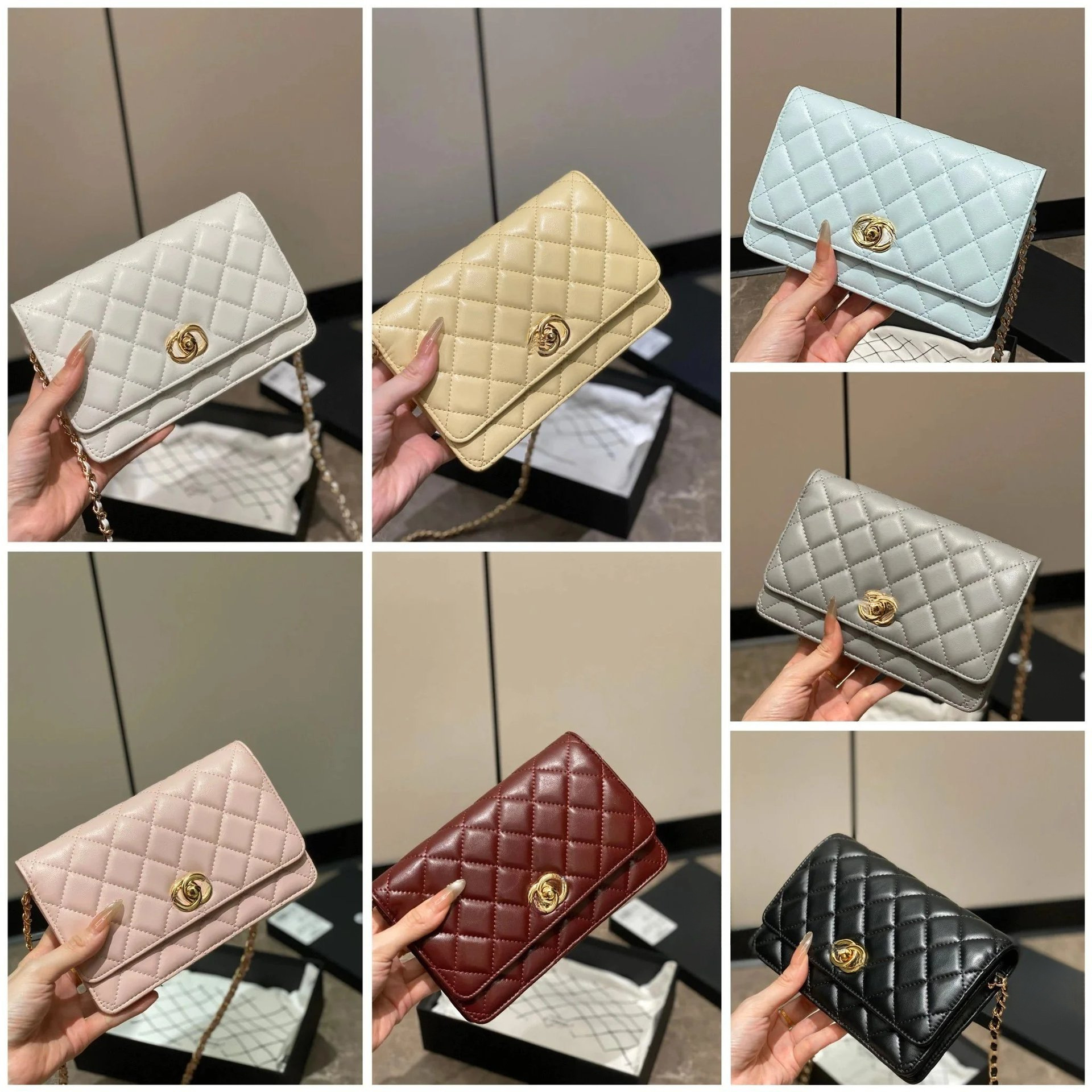 小香菱格纹woc羊皮发财包链条肩背斜挎包荔枝纹牛皮女包小方包