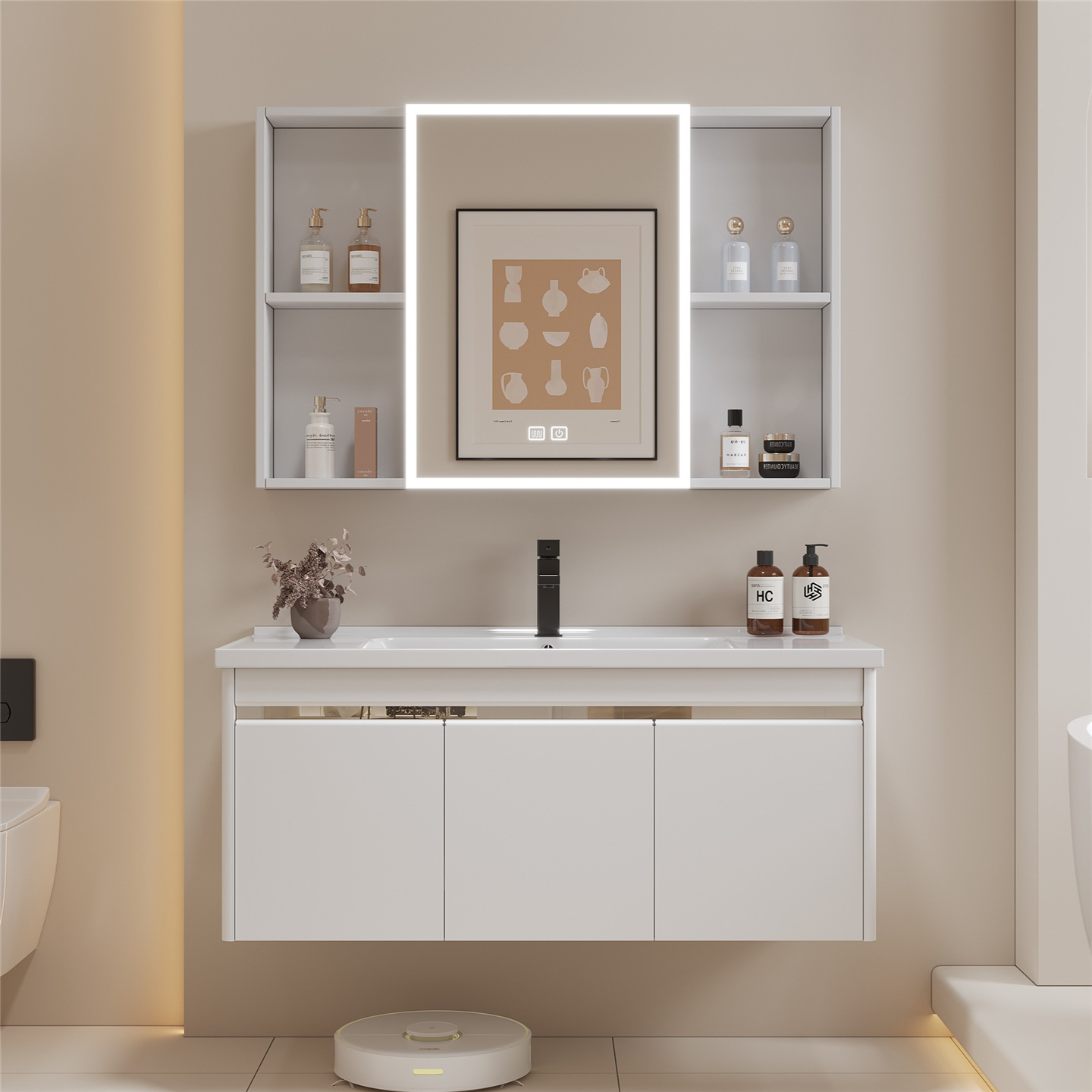 40 Wide Cream Style Stainless Steel Bathroom Cabinet Bathroom Combination Water Retaining Integrated Basin Mirror Cabinet Bathroom Wash Basin