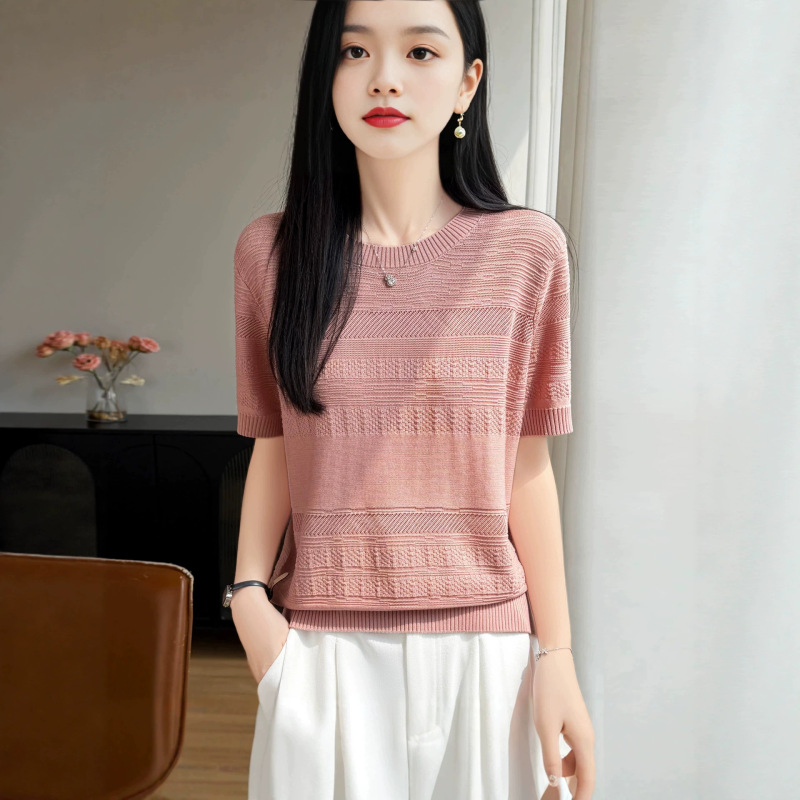 2026 Spring/Summer New Tencel Lyocell Round Neck Knitted Short Sleeve Women's Solid Color Hollow Out Loose T-Shirt