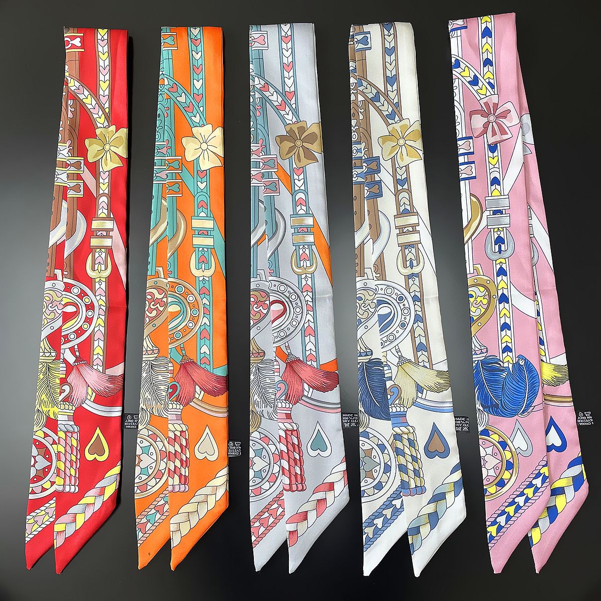 New Scarf Retro Fashion Love Long Printed Imitation Silk Tie Bag with Ribbon Scarf Decoration Wholesale Women