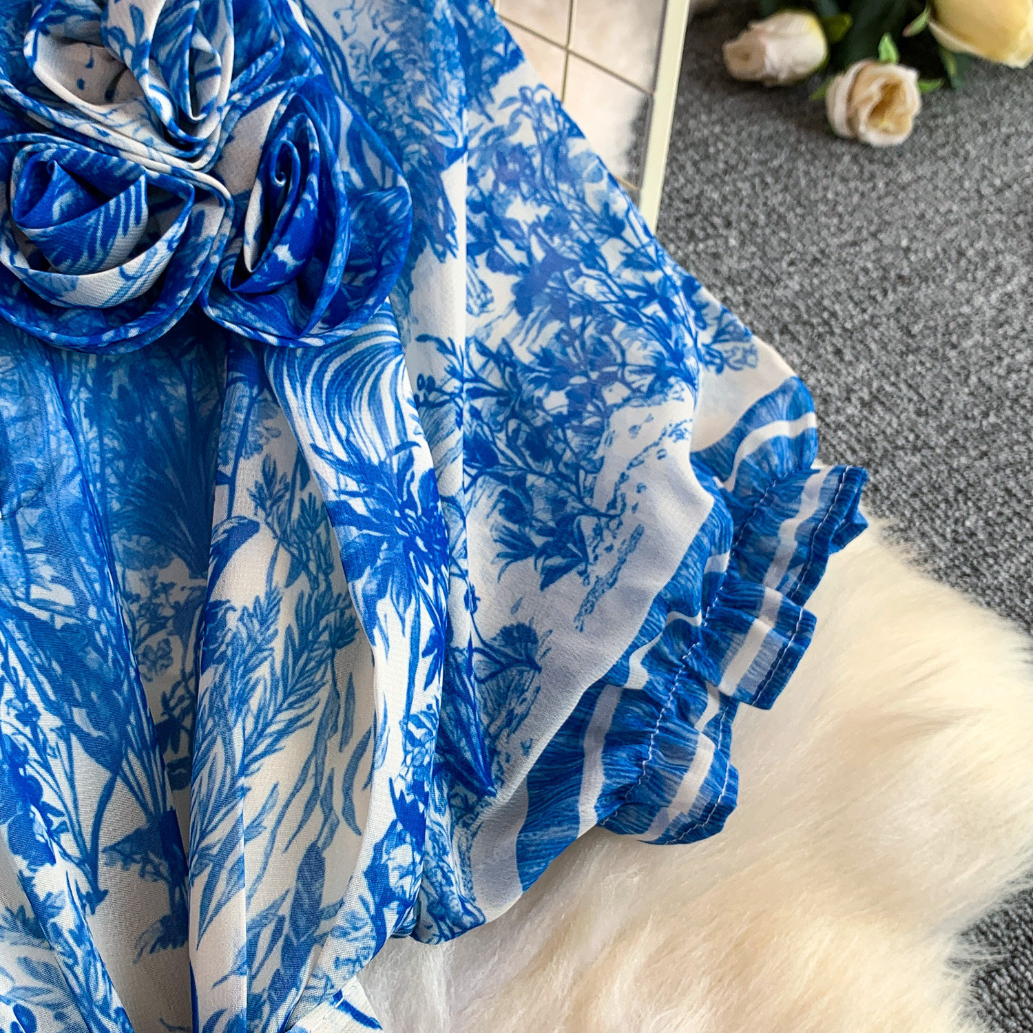 Women's Light French Romantic Style Tie Dye Floral Print Round Neck Dress Three Dimensional Flower Summer Slimming Pleated Long Skirt_ecoleips.com