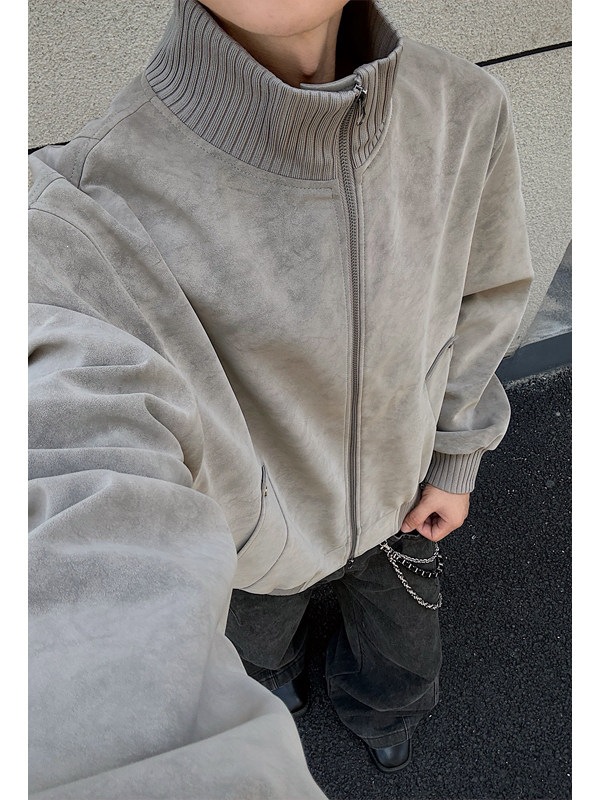 秋季休闲痞帅扎染美式男U皮棒球服潮流clean开衫外套立领夹克fit