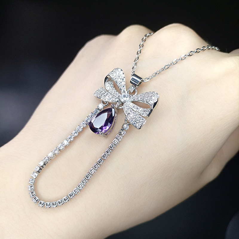 Sweet Water Droplets Bow Knot Copper Inlay Zircon Necklace 1 Piece