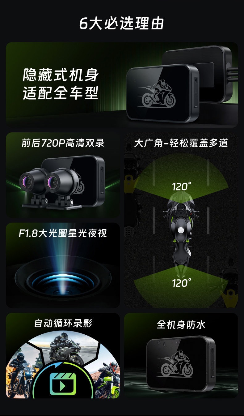 Suitable for Shengpai motorcycle dashcam, high-definition front and rear dual-lens video recording, waterproof and anti-shake, for electric vehicle riding