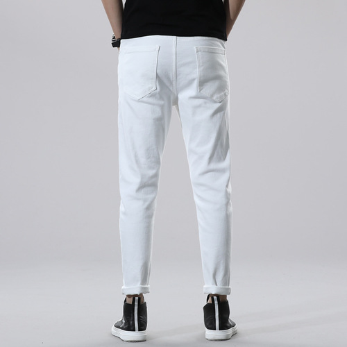 Pure white high-end jeans men's elastic slim fit men's nine-point pants fashion brand versatile physical store good supply