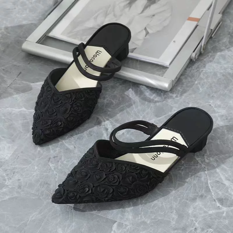 Ж women's slingback с низким блоком каблука, водостойкая пластиковая обувь, верх из цветочков с острым носком, EU 36–40