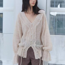 大廓形马海毛羊毛抽绳V领珍珠扣木耳边薄开衫毛衣