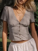 H 38994 V-neck Plaid Crop Top ���Ӷ������� ���R�d�W���羳