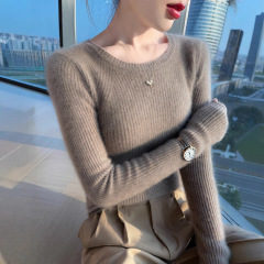 简约厚款圆领100羊毛衫女秋冬打底衫上衣修身新款百搭毛衣抽条