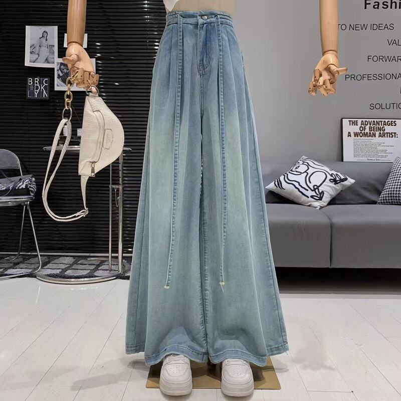 女性用の薄いハイウエストジーンズ、2025年の新しい夏のデザイン、ゆったりとしたドレープ、スリムなワイドレッグフロアレングスパンツ|undefined