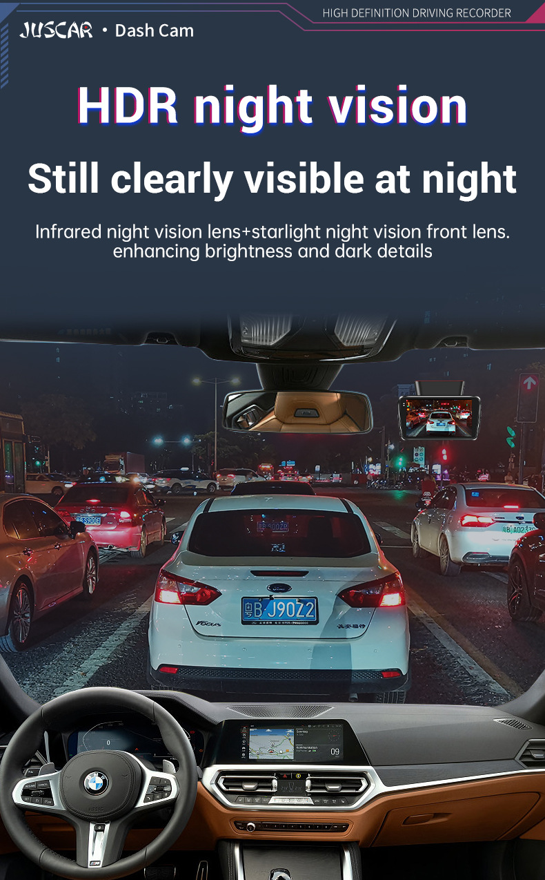 Driving Recorder with Wifi Connectivity, Dual Recording of Front and Rear Vehicles, 24-Hour Parking Monitoring, Night Vision, Reversing Images