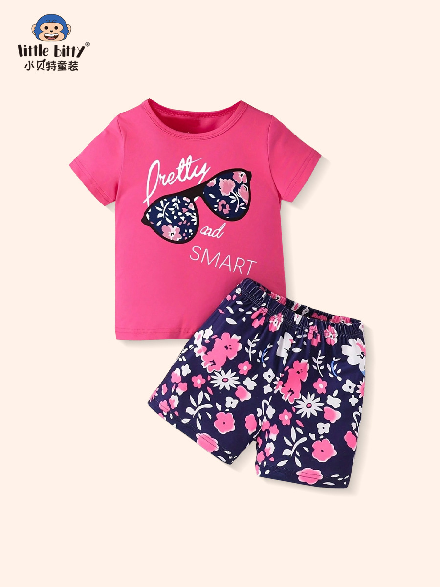 2025 New Summer Kidsren's Cute Little Floral Short-Sleeved Shorts Suit Fashionable European and American Two-Piece Clothing