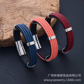 跨境欧美热销 个性DIY字印皮革编织不锈钢皮手链简约OL出街时尚